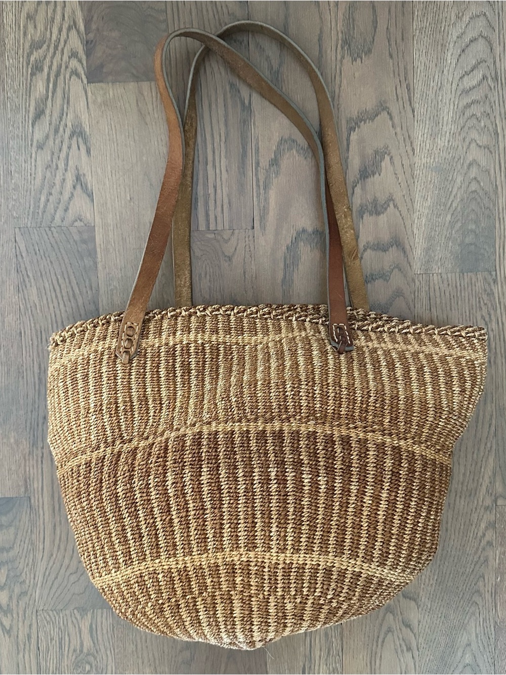 Anthropologie 1990s Sisal Tote Basket Weave French Market Tote Tan Brown Stripe